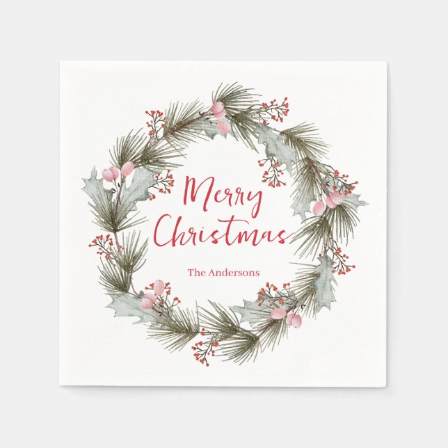 Rustic Elegant Watercolor Christmas Wreath  Napkin (Front)