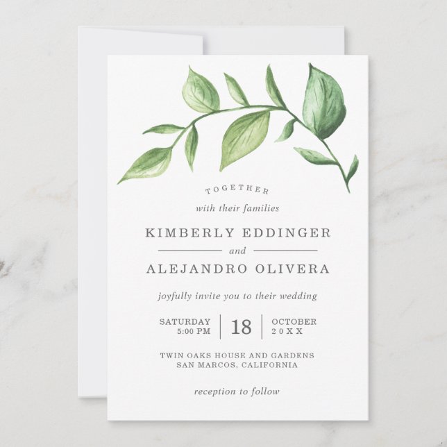 Rustic Elegant Watercolor Greenery Sprig Wedding Invitation (Front)