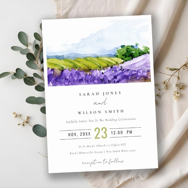 Rustic Elegant Watercolor Lavender Fields Wedding Invitation (Creator Uploaded)