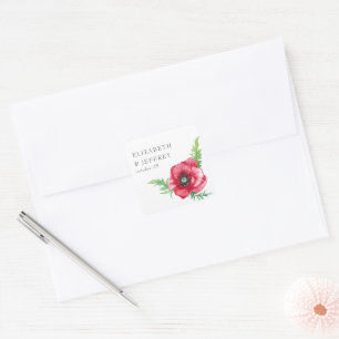 Rustic Elegant Watercolor Script Red Poppy Wedding Square Sticker