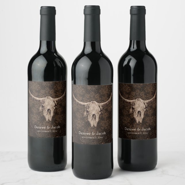 Rustic Elegant Wedding Brown Western Bull Skull Wine Label (Bottles)