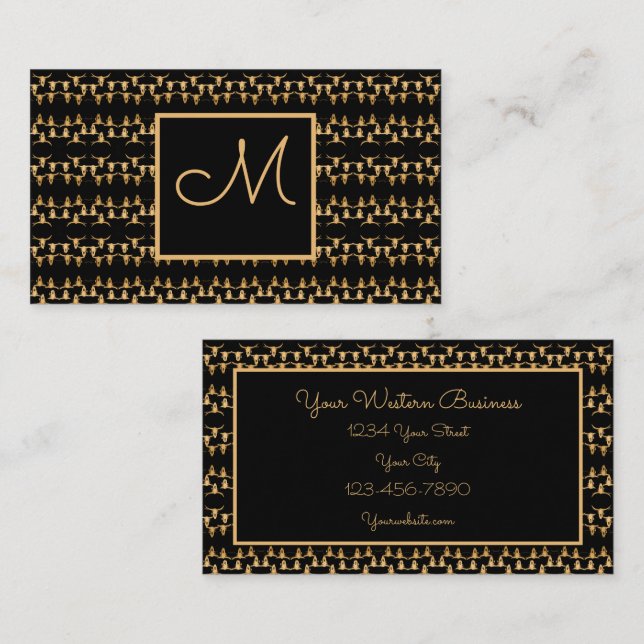 Rustic Elegant Western Gold Black Bull Cow Skull Business Card (Front/Back)