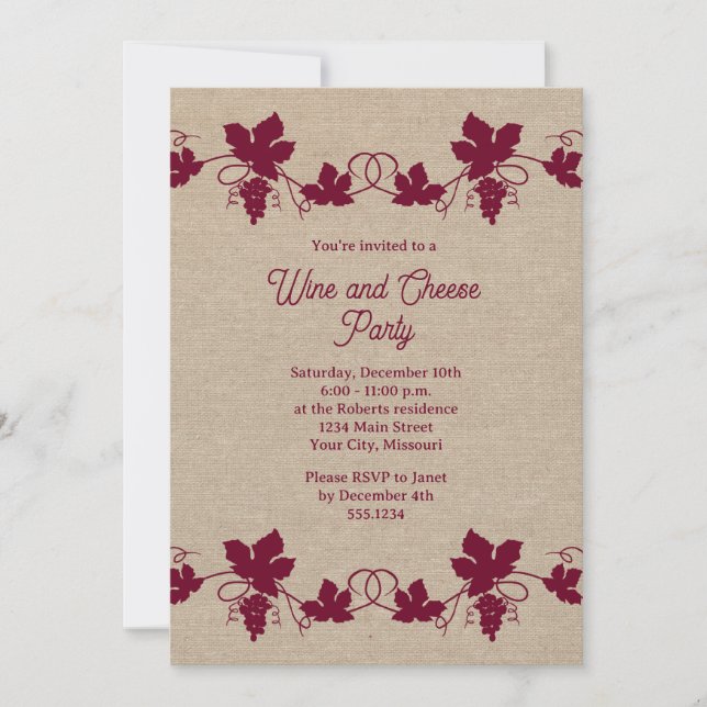 Rustic Elegant Wine and Cheese Party Invitations (Front)