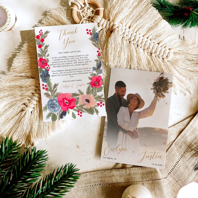 Rustic Elegant Winter Floral photo chic Wedding Thank You Card (Rustic Elegant Winter Floral photo chic Wedding Thank You Card)