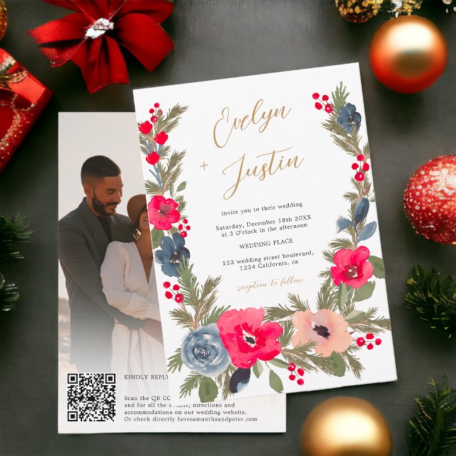 Rustic Elegant Winter Floral photo Qr code Wedding Invitation (Rustic Elegant Winter Floral photo Qr code Wedding Invitation)
