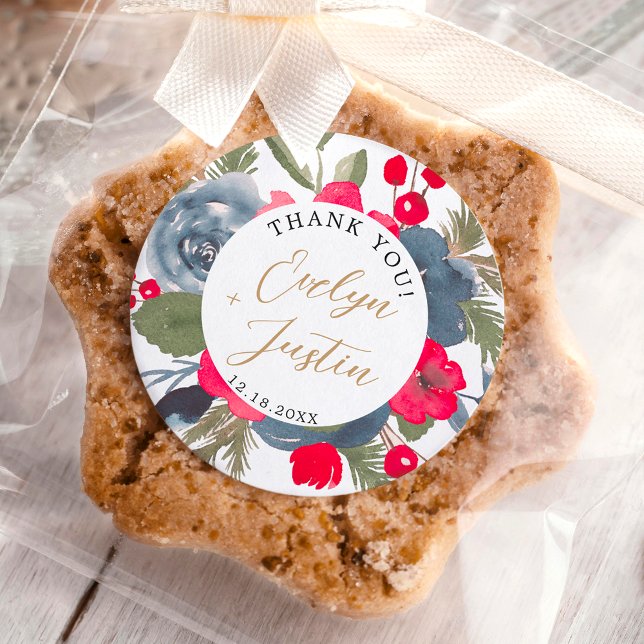 Rustic Elegant Winter Floral red green thank you Classic Round Sticker (Rustic Elegant Winter Floral red green thank you Classic Round Sticker)