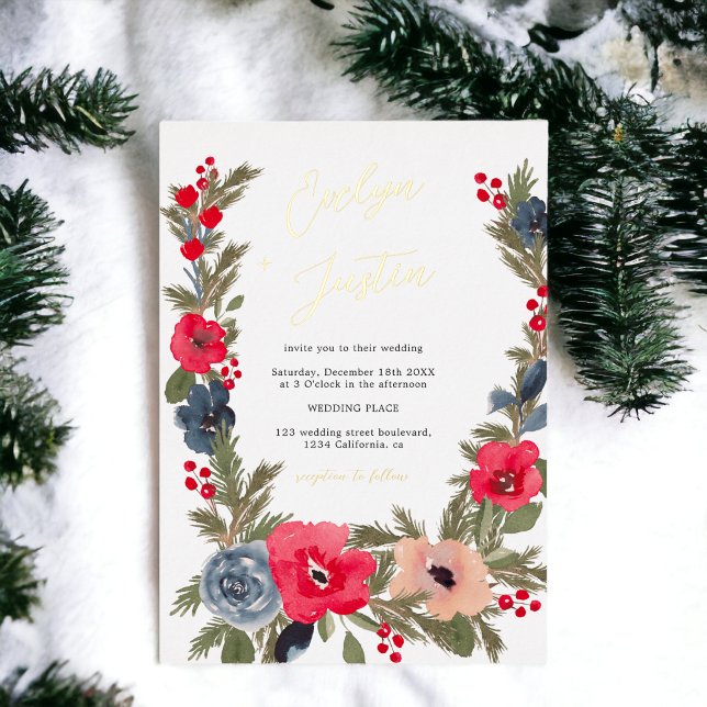 Rustic Elegant Winter Floral Watercolor Wedding (Rustic Elegant Winter Floral Watercolor Wedding Foil Invitation)