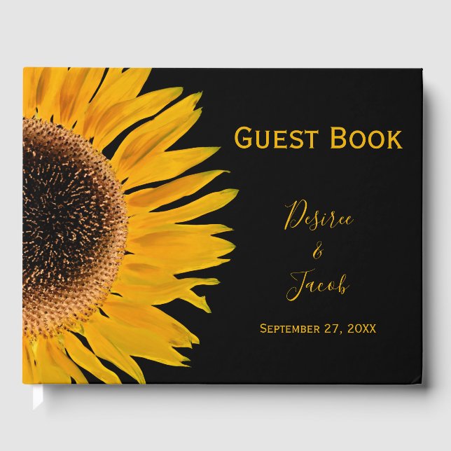 Rustic Elegant Yellow Black Sunflower Wedding Guest Book (Front)