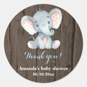 Rustic Elephant Baby Shower Blue Thank You Favour Classic Round Sticker