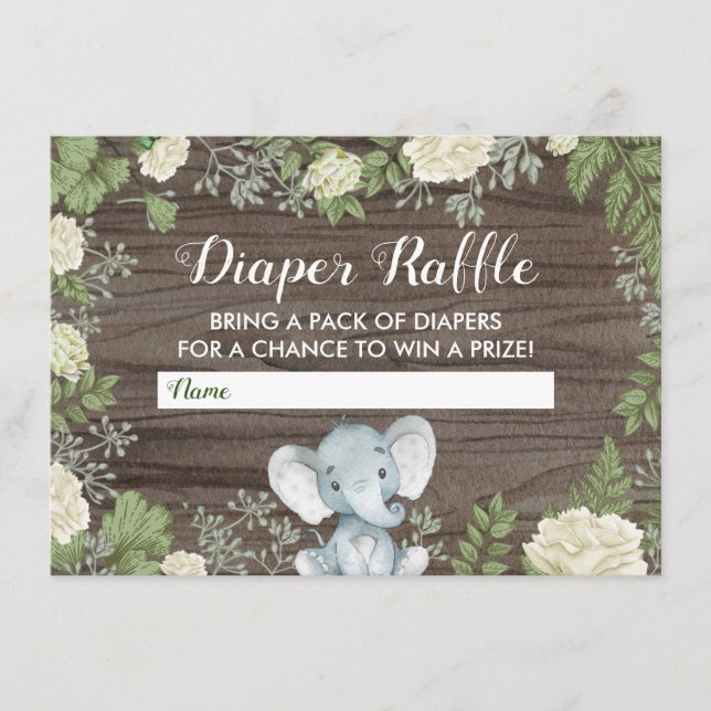 Rustic Elephant Baby Shower Greenery Diaper Raffle Enclosure Card (Front)