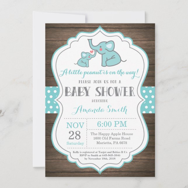 Rustic Elephant Baby Shower Invitation Aqua (Front)