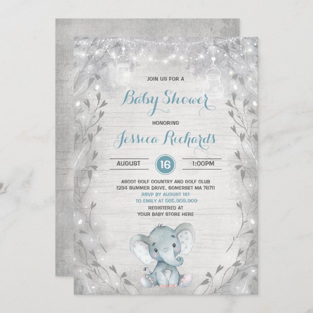 Rustic Elephant Baby Shower Invitation Boy Shower (Front/Back)