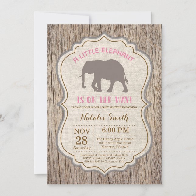 Rustic Elephant Baby Shower Invitation Girl (Front)