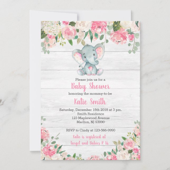 Rustic Elephant Baby Shower Invitations for a Girl (Front)