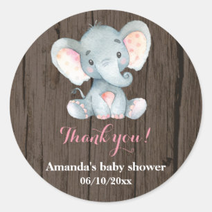 Rustic Elephant Baby Shower Pink Thank You Favour Classic Round Sticker