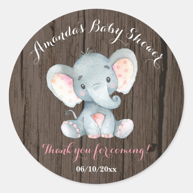 Rustic Elephant Baby Shower Pink Thank You Favour Classic Round Sticker (Front)