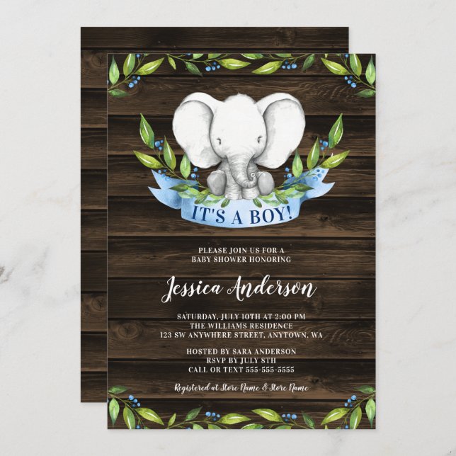 Rustic Elephant Boy Baby Shower Invitations (Front/Back)