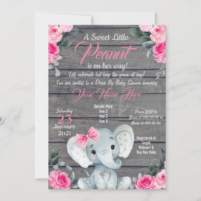 Rustic Elephant Drive Baby Shower Invitation pink (Front)