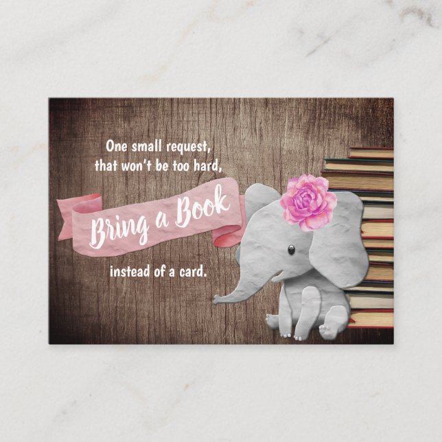 Rustic Elephant Girl Bring a Book Baby Shower Enclosure Card (Front)