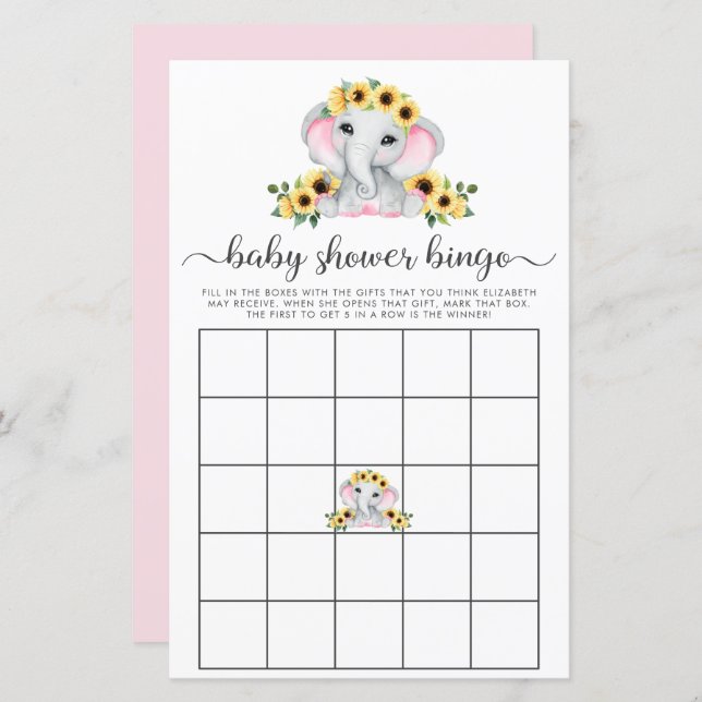 Rustic Elephant Sunflowers Baby Shower Bingo Game (Front/Back)