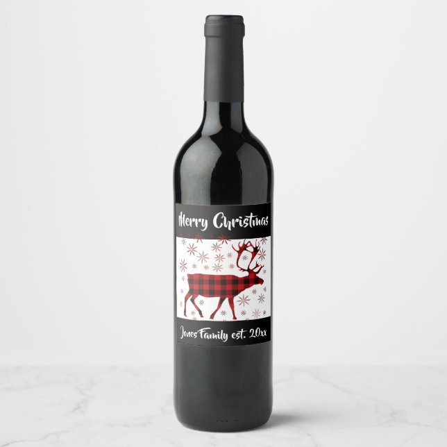 Rustic Elk design, red buffalo plaid pattern Wine Label (Front)