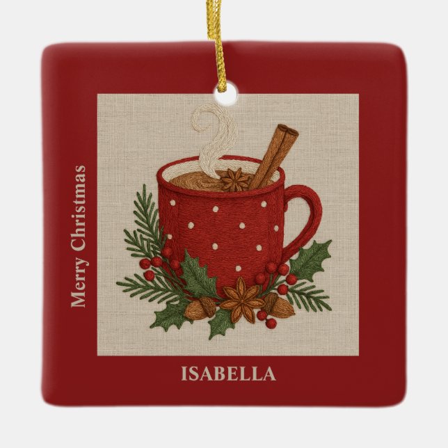 Rustic embroidery  Christmas cocoa with Cinnamon Ceramic Ornament (Front)