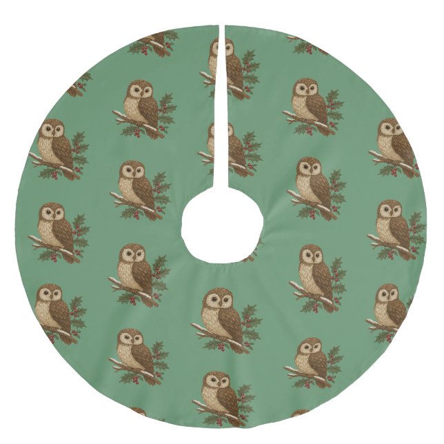 Rustic embroidery Christmas Owl with Holly Brushed Polyester Tree Skirt (Front)