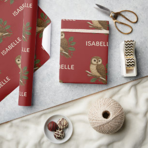 Rustic embroidery Christmas Owl with Holly Wrapping Paper