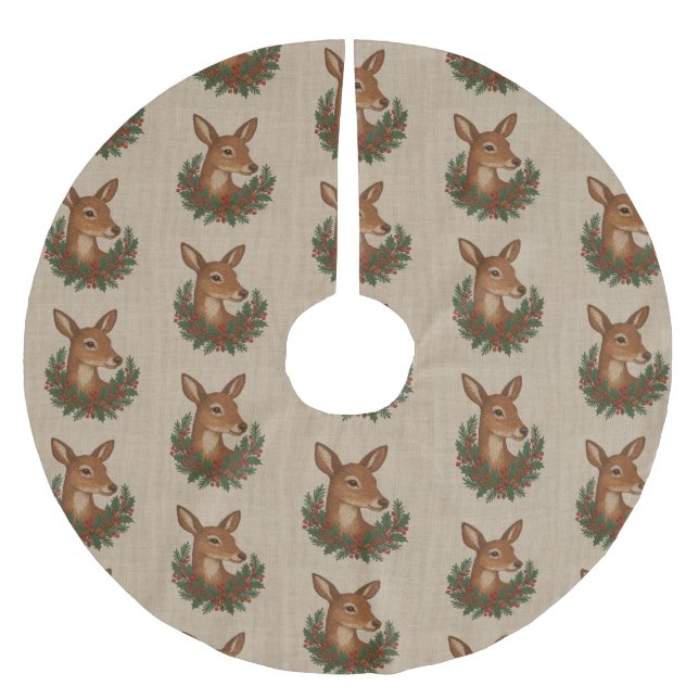 Rustic embroidery Deer & Holiday Greens christmas Brushed Polyester Tree Skirt (Front)