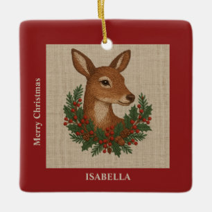 Rustic embroidery Deer & Holiday Greens christmas Ceramic Ornament