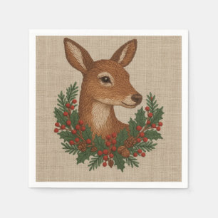 Rustic embroidery Deer & Holiday Greens christmas Napkin