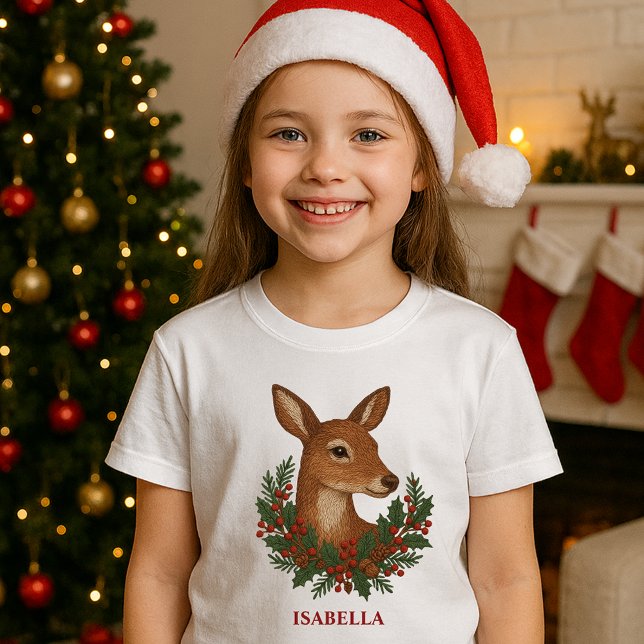 Rustic embroidery Deer & Holiday Greens christmas T-Shirt (Creator Uploaded)