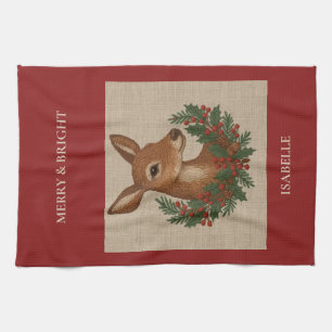 Rustic embroidery Deer & Holiday Greens christmas Tea Towel