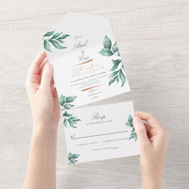 Rustic Emerald Green and Eucalyptus Wedding All In One Invitation (Tearaway)