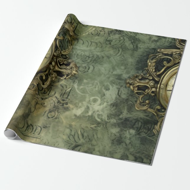 Rustic Emerald Green Antique Steampunk Wrapping Paper (Unrolled)