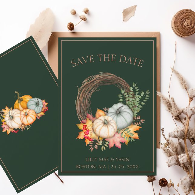 Rustic Emerald Green Autumn Fall Pumpkins Wedding Save The Date (Creator Uploaded)