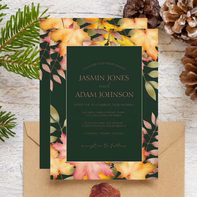 Rustic Emerald Green Fall Autumn Leaves Wedding Invitation (Creator Uploaded)