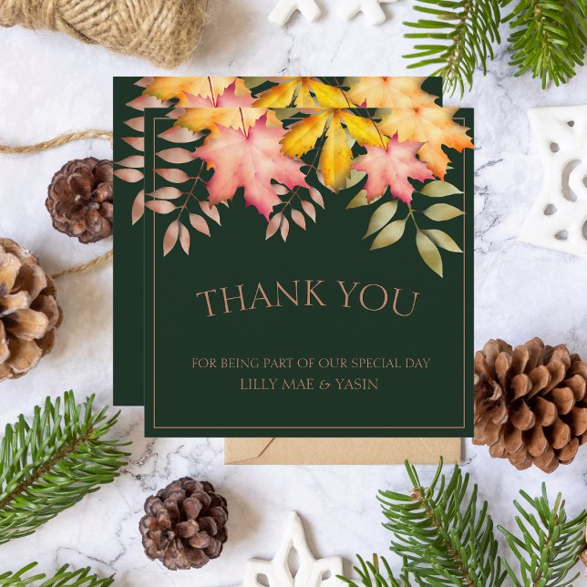 Rustic Emerald Green Fall Autumn Leaves Wedding Thank You Card (Creator Uploaded)