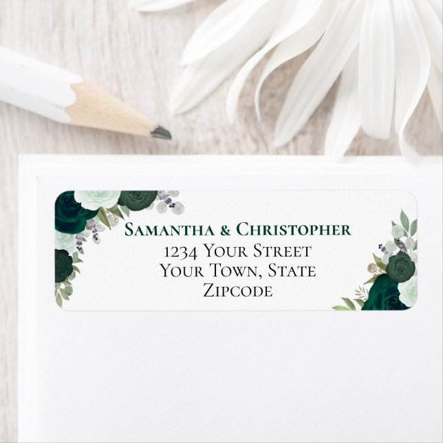 Rustic Emerald Green Roses Wedding Return Address (Insitu)