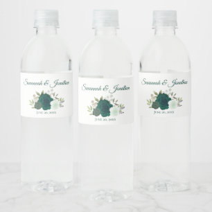 Rustic Emerald Green & Sage Roses Wedding Water Bottle Label