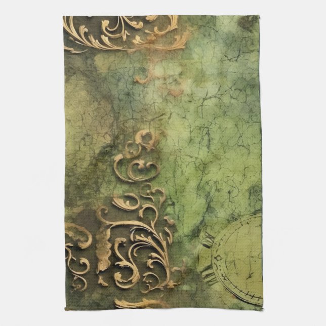 Rustic Emerald Steampunk Machinery Tea Towel (Vertical)