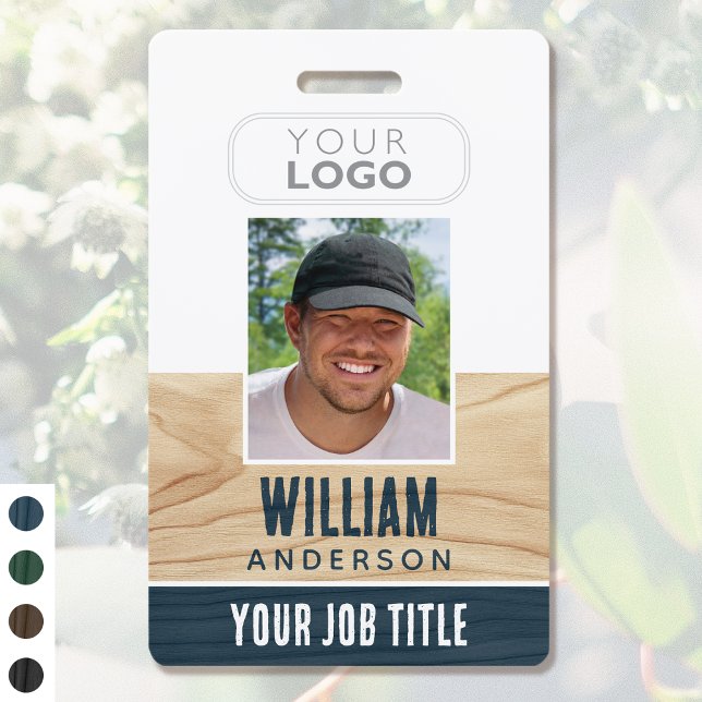 Rustic Employee ID Name Logo Photo Woodgrain Blue ID Badge (Creator Uploaded)