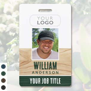 Rustic Employee ID Name Logo Photo Woodgrain Green Badge