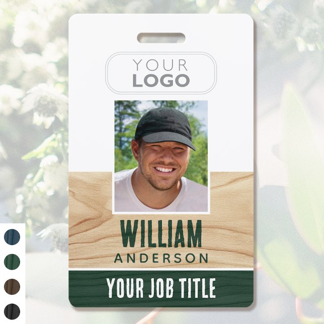 Rustic Employee ID Name Logo Photo Woodgrain Green ID Badge (Creator Uploaded)