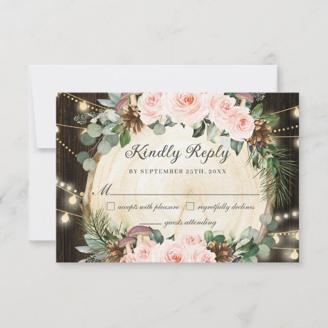 Rustic Enchanted Forest Blush Floral Quinceañera  RSVP Card (Front)