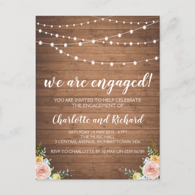 Rustic engagement announcement party postcard (Front)