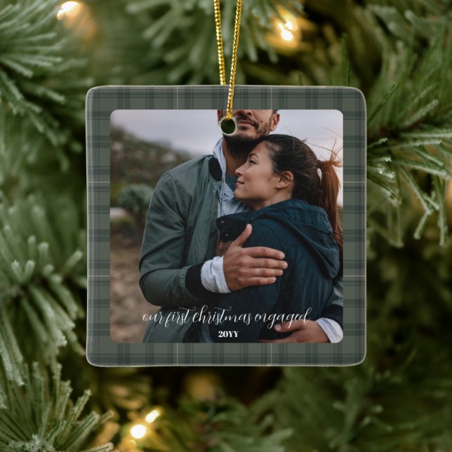 Rustic Engagement Photo Ornament Gift- Green Plaid (Tree)