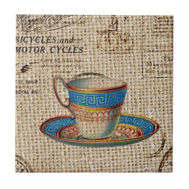 Rustic english country tea party blue teacup tile (Front)