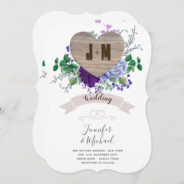 Rustic Engraved Wood Heart Monogram Floral Fall Invitation (Front/Back)