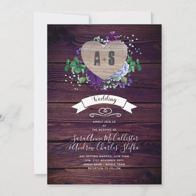 Rustic Engraved Wood Heart Monogram Floral Fall Invitation (Front)